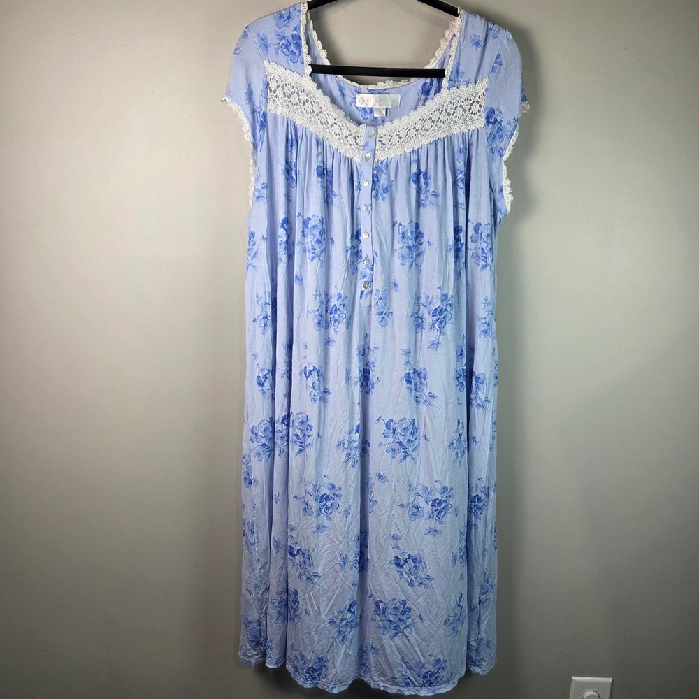 Eileen West Nightgown Womens XL Blue Excellent Floral Lace Modal E5020067 Sleep